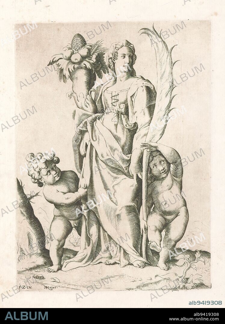 Allegory of Abundance, Female personification of abundance holding a  cornucopia filled with fruit, accompanied by a naked boy and a naked girl.  The latter carries a large - Album alb9419308