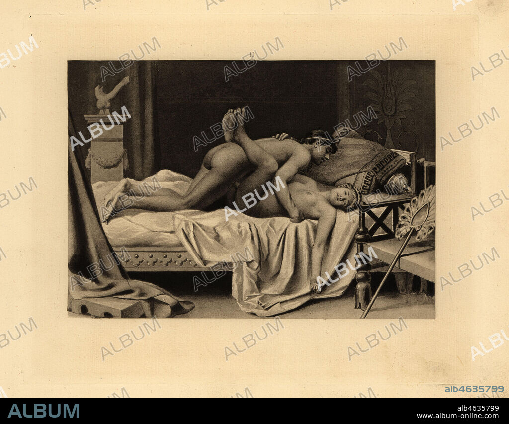 Roman man and woman in the missionary position in a bedroom. She lies on  her back on a luxurious bed, and he on top wearing a headband. The room is  decorated with