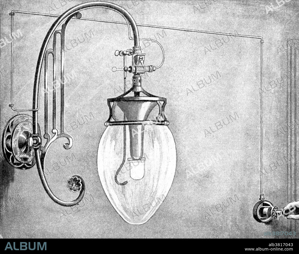 Diagram shows the working of a pneumatic gas switch. When the knob on the wall is pulled out, air is drawn down the tube, and sucked inward to a piston at the other end. This piston draws over to the right a small lever, which turns on the gas to be ignited by the bypass. Pressing in the knob forces back the air, the piston and the lever to their original position, shown in the dotted lines, thus cutting off the gas. Gas lighting is production of artificial light from combustion of a gaseous fuel, such as hydrogen, methane, carbon monoxide, propane, butane, acetylene, ethylene, or natural gas. The use of natural gas for indoor lighting is nearly extinct. Besides producing a lot of heat, the combustion of methane tends to release significant amounts of carbon monoxide, a colorless and odorless gas which is more readily absorbed by the blood than oxygen, and can be deadly. Pneumatics is a branch of engineering that makes use of gas or pressurized air. No artist credited.