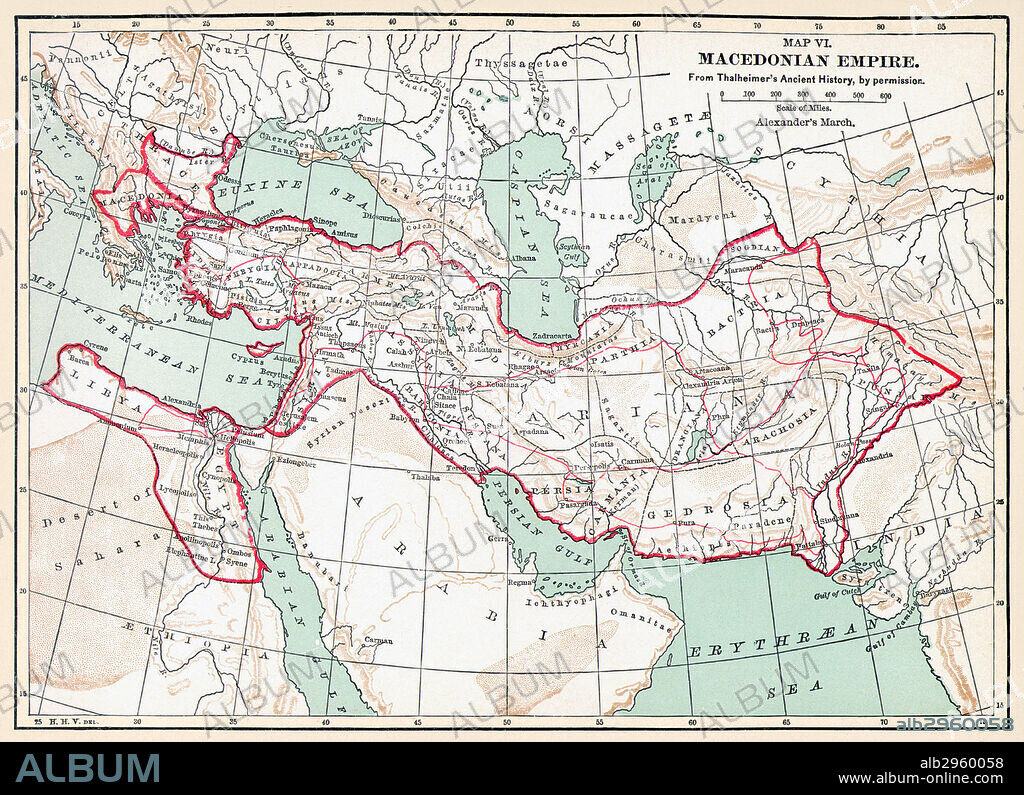 MAP OF MACEDONIAN EMPIRE.Map of the Macedonian Empire following the conquests of Alexander the Great, 4th century B.C.