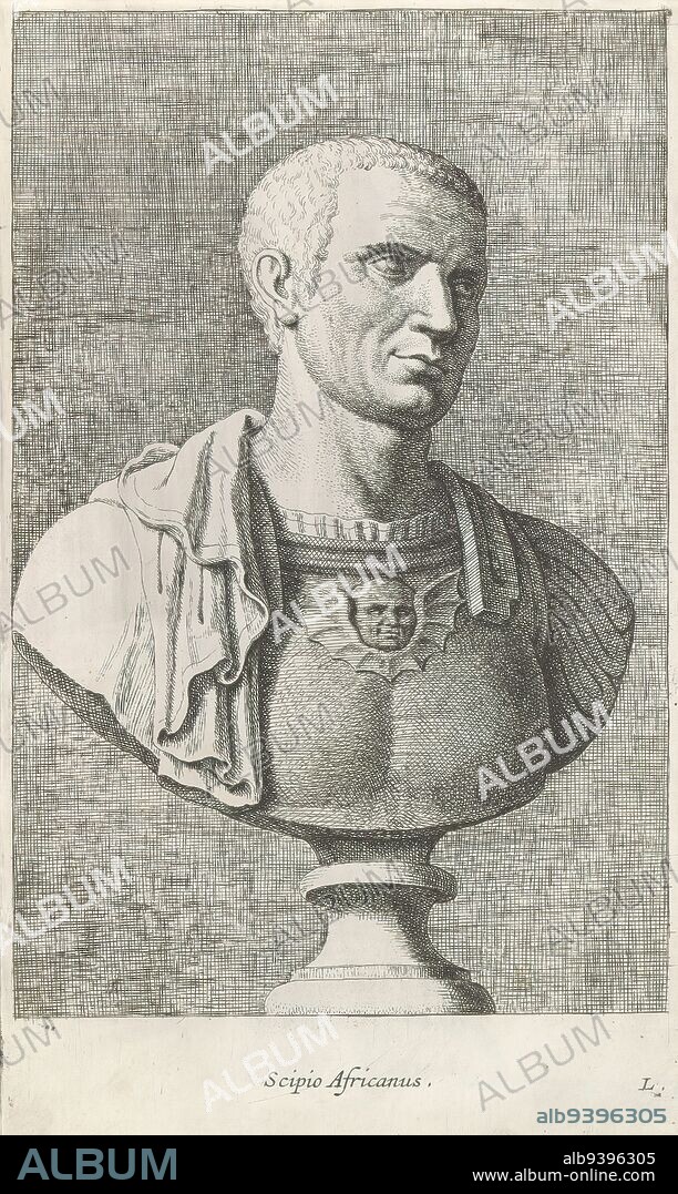 Bust of Scipio Africanus major, Scipio Africanus (title on object), Classical bust of a Roman general in chest armor. Bottom right: L. The print is part of an album containing a series of prints after sculptures in the collection of Gerard Reynst., print maker: Hubert Quellinus, print maker: Gerard de Lairesse, (rejected attribution), Antwerp, 1646 - 1670, paper, engraving, height 325 mm × width 193 mm.