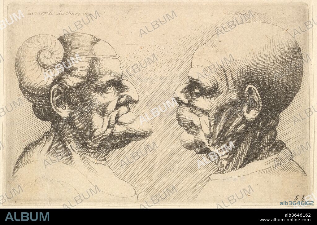 Two deformed heads facing each other. Artist: After Leonardo da Vinci (Italian, Vinci 1452-1519 Amboise). Dimensions: Sheet: 3 1/16 × 4 5/8 in. (7.8 × 11.7 cm). Etcher: Wenceslaus Hollar (Bohemian, Prague 1607-1677 London). Date: 1625-77.
On the left an old woman with an enormous chin and a ram's horn tied to a string around her forehead faces am old man with a bulbous head and sagging cheeks.
After Leonardo.