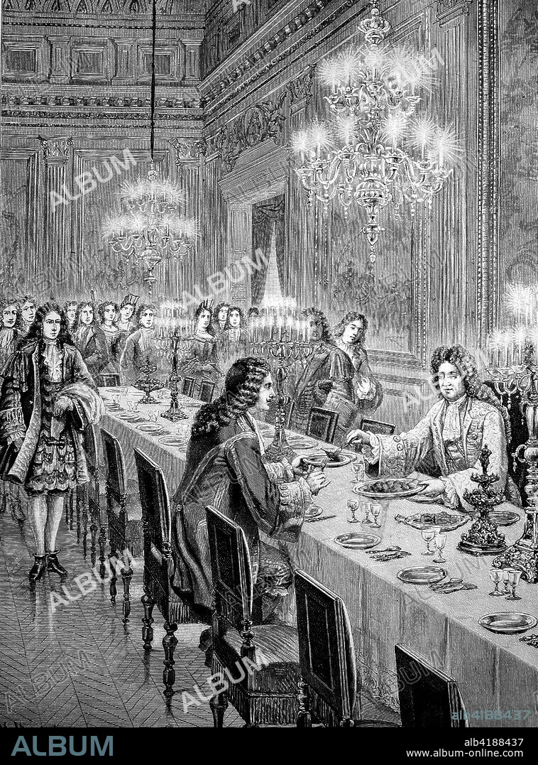 Jean-Baptiste Poquelin, known by his stage name Moliere, sitting alone on the table with Louis XIV, Louis the Great or the Sun King, illustration, woodcut from 1880.