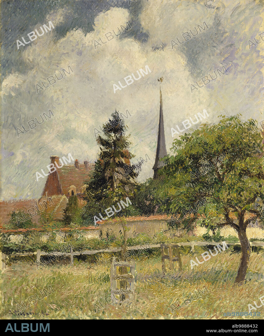CAMILLE PISSARRO. The Church at Eragny, 1884. This picture, with its staccato brushwork, shows Pissarro's interest in Pointillism, a technique of painting explored by the younger painter Georges Seurat. Pointillism relies on the eye's ability to blend small areas of contrasting colours to produce the illusion of a full spectrum.