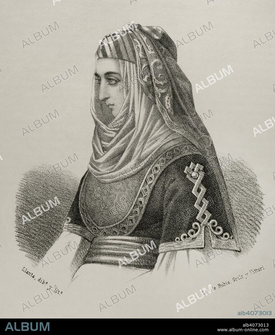 Aisha bint Muhammad ibn al-Ahmar (siglo XVI). Reina de Granada, llamada Aisha al-Hurra o Aixa, esposa del rey nazarí Muley Hacén y madre de Boabdil el Chico. Dibujo de Llanta. Retrato. Litografía. Crónica General de España, Historia Ilustrada y Descriptiva de sus Provincias. Andalucía, 1869. Biblioteca Histórico Militar de Barcelona, Cataluña, España.