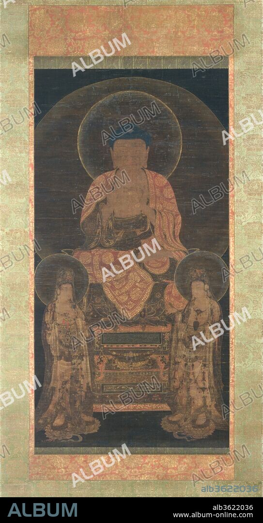 Amitabha triad. Artist: Unidentified Artist. Culture: Korea. Dimensions: Image: 45 1/4 x 23 1/4 in. (114.9 x 59.1 cm)
Overall with mounting: 83 1/4 x 31 1/2 in. (211.5 x 80 cm)
Overall with knobs: 83 1/4 x 34 in. (211.5 x 86.4 cm). Date: ca. 13th century.
The Amitabha Buddha (Korean: Amita) was the focus of worship in Pure Land Buddhism, which enjoyed great popularity during the Goryeo period. Devotees were promised entrance to Amitabha's Western Paradise upon recitation of his name. Seated high on an elaborate lotus throne, Amitabha is flanked by two bodhisattvas, Avalokiteshvara (Korean: Gwaneum) on his left and Mahasthamaprapta (Korean: Dae Seji) on his right. The identifying attributes of the former include a miniature image of Amitabha in her crown and a ritual sprinkler, or kundika, in her left hand; the latter can be identified by the kundika in her crown. The Buddha's hand gesture, or mudra, represents the preaching of Buddhist law. The symbol on his chest, associated with Buddhism, originated in ancient India. The intricately rendered gold decoration on the deities' robes, particularly in the roundels of the Buddha's garment, exemplifies the dazzling virtuosity of Goryeo Buddhist painting.