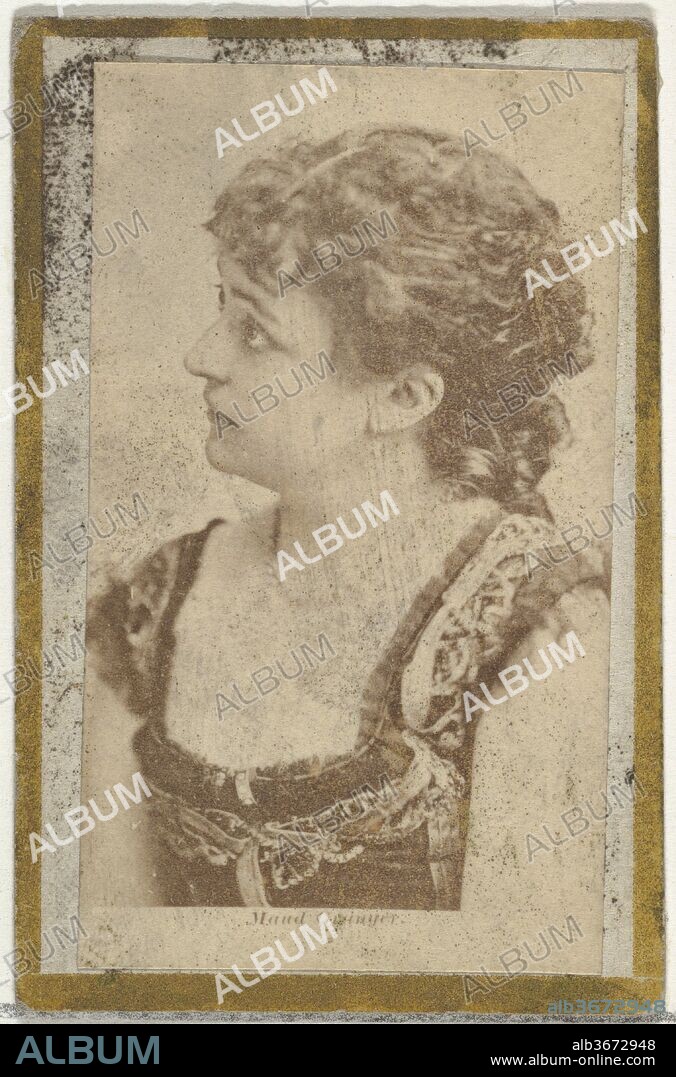 Maud, from the Actresses and Celebrities series (N60, Type 2) promoting Little Beauties Cigarettes for Allen & Ginter brand tobacco products. Dimensions: Sheet: 2 3/8 × 1 1/2 in. (6 × 3.8 cm). Publisher: Issued by Allen & Ginter (American, Richmond, Virginia). Date: 1887.
Trade cards from the "Actresses and Celebrities" series (N60), issued in 1887 to promote Little Beauties Cigarettes distributed by Allen & Ginter. There are two types of cards in the set. Type 1 cards have the brand name printed on front and Type 2 cards do not.