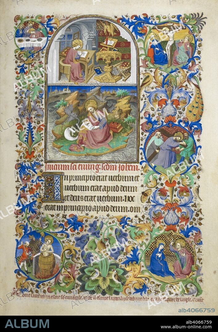 WORKSHOP OF THE MASTER OF THE DUKE OF BEDFORD. Gospel excerpts including extracts from John, Luke, Matthew, and Mark, each beginning with a large miniature of the evangelist at work, with additional scenes from their lives or Gospels in marginal medallions. Each text page is surrounded by full borders including medallions and explanatory verses in blue and gold in the lower margin. Bedford Hours. Paris; 1414-1423. Source: Add. 18850 f.19. Language: Latin and French.