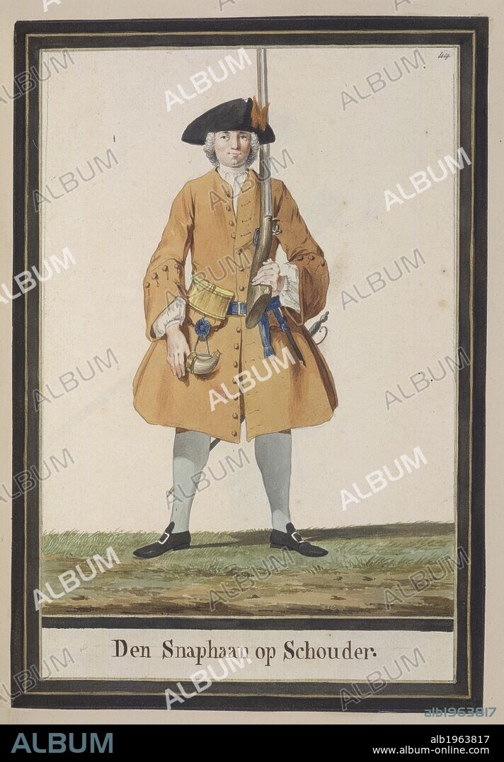 Soldier with musket. Drawings of Dutch Military Costurmes and Musket Exercises. Netherlands; 18th century. Image taken from Drawings of Dutch Military Costumes and Musket Exercises.  Originally published/produced in Netherlands; 18th century. Source: Add. 20728 44. Language: Dutch.