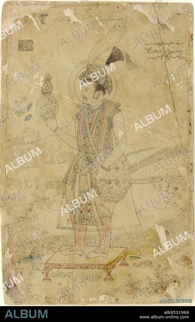 Emperor Jahangir holding an orb. Date: early 18th century. Origin: India. Period: Mughal dynasty. Tracing and color on paper.