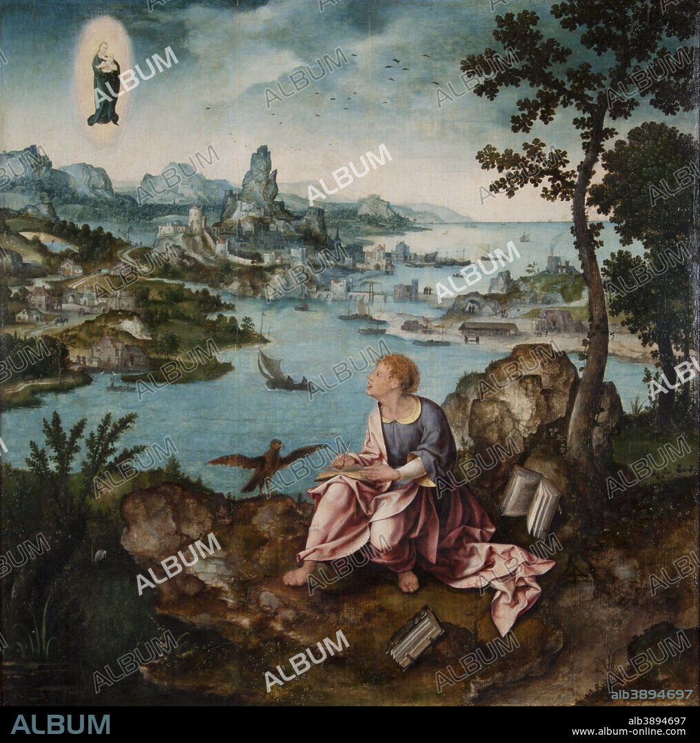 JOOS VAN CLEVE AND LUCAS GASSEL. St. John the Evangelist on Patmos. Date/Period: 1520/1530. Painting. Oil on panel, mounted on panel. Width: 74 mm. Height: 71.8 mm (work).