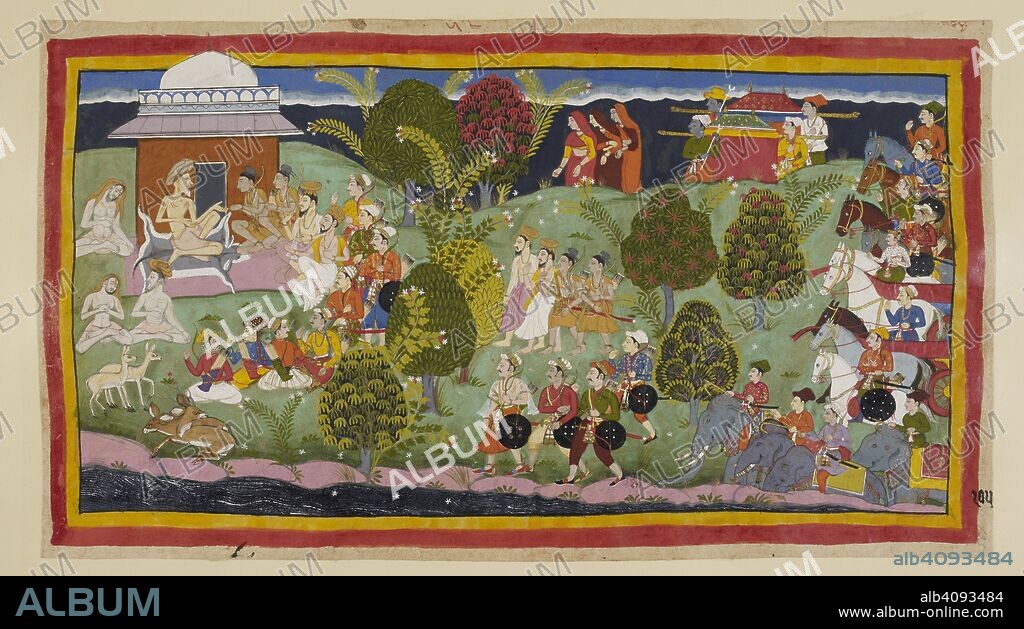 The two princes, the Brahmins and ministers approach the hermitage of BharadvÄja on foot, with the three queens at a distance over the horizon followed by their litters. The army with its elephants and chariots waits behind. On the left of the picture, behind a screen of trees, the hermit BharadvÄja sits outside his hut, here depicted as a pavilion, with his visitors seated around. Other ascetics sit in meditation, while pairs of deer look on. BharadvÄja offers complete hospitality to all his visitors, including the whole of Bharataâ€™s army. Ramayana. Udaipur, c.1653. Source: Add.15296(1), f.105.