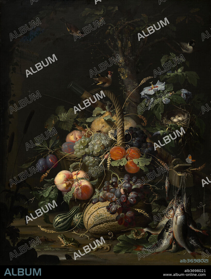 ABRAHAM MIGNON. Still Life with Fruit, Fish, and a Nest. Dated: c. 1675. Dimensions: overall: 94 x 73.5 cm (37 x 28 15/16 in.)  framed: 117.5 x 98.4 x 5.1 cm (46 1/4 x 38 3/4 x 2 in.). Medium: oil on canvas.