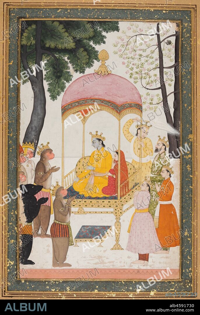 Enthroned Rama and Sita receive homage from their monkey and bear allies, c. 1765. This scene is set at the end of the Hindu epic  Ramayana,  after Rama has taken his place as king after 13 years of exile in the forest. Rama?s blue skin identifies him as the incarnation of the god Vishnu, who came to earth to defeat a powerful demon. During Rama?s time of exile, the demon abducted Sita, Rama?s wife. In a battle of seemingly impossible odds, the exiled Rama gathered an army of monkeys and bears, and together they defeated the demon and rescued Sita. The chiefs of the monkey and bear armies pay their respects to the reunited royal couple.