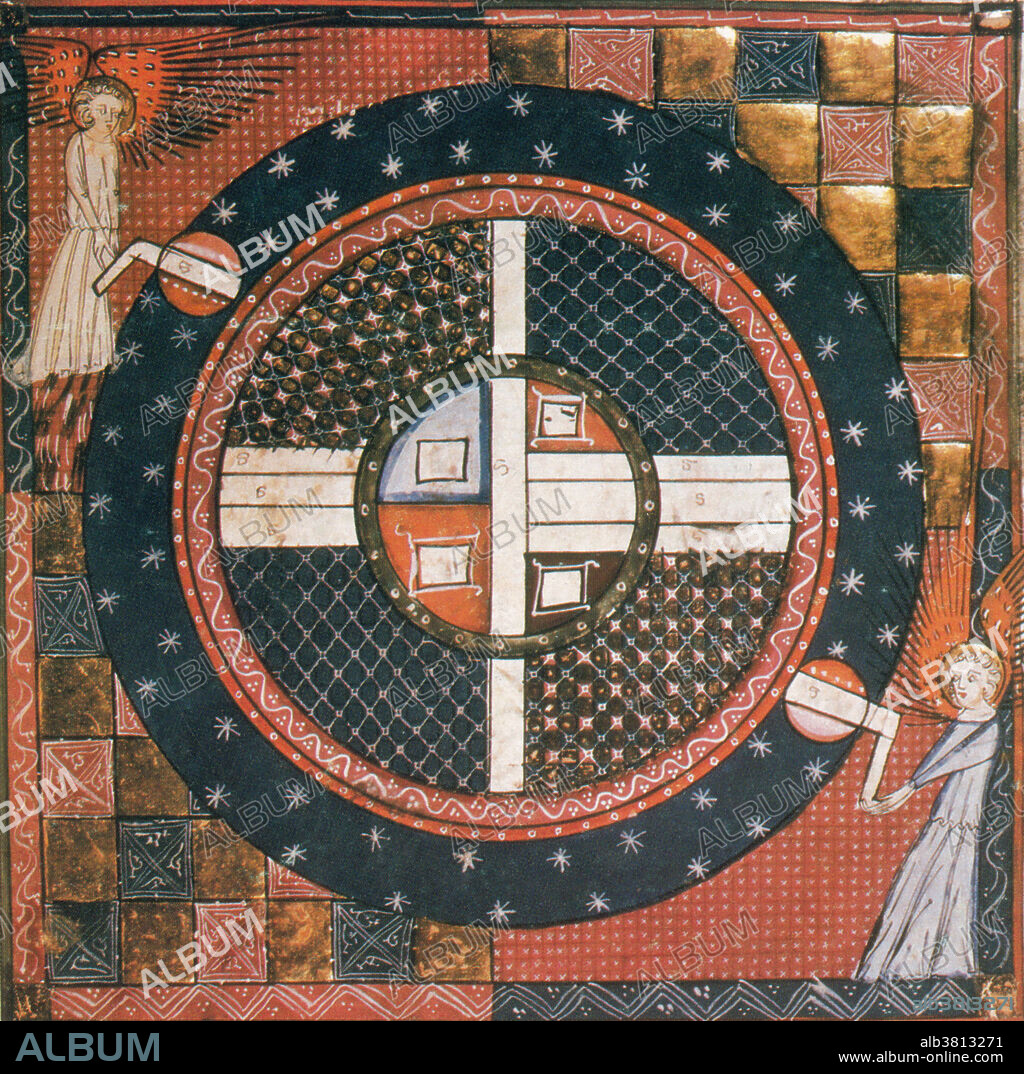 Angels crank celestial gear activating planetary spheres. Provencal manuscript, 1300s.