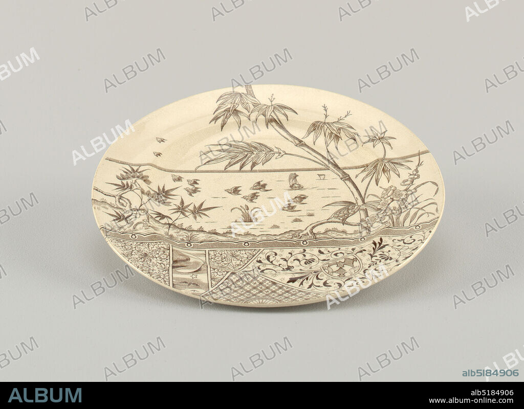 Melbourne, Gildea & Walker, active 1881 1885, Glazed earthenware with transfer-printed decoration, Circular form, the white crackled ground with brown Japanese-inspired transfer-printed decoration, the top section showing birds in flight over a body of water, shoreline with tree and flowering plants in foreground, the lower section composed of differently shaped panels of motifs including night sky, flowers, and geometric or arabesque patterns., ca. 1881-1885, ceramics, Decorative Arts, Plate, Plate.