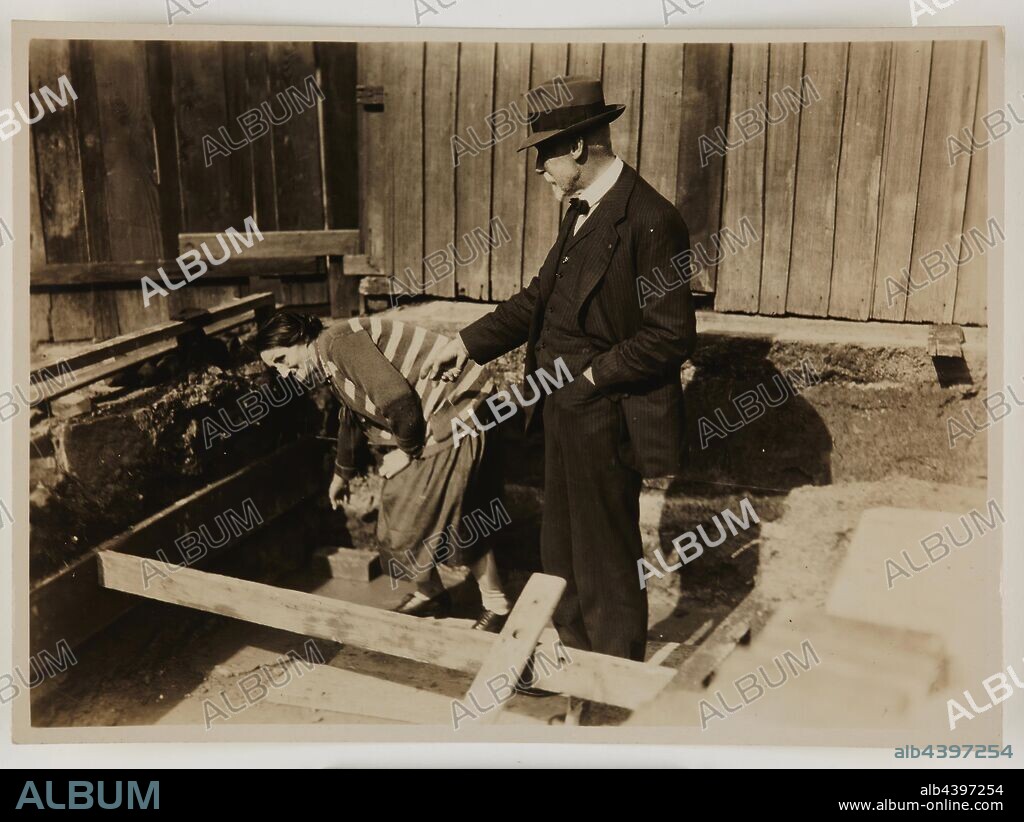 Photograph, Miss B Kingston & Thomas Baker, Laying First Brick, Building 4,  Abbotsford, Victoria, 30 Apr 1928, Photograph showing the ceremonial laying  of the first brick - Album alb4397254