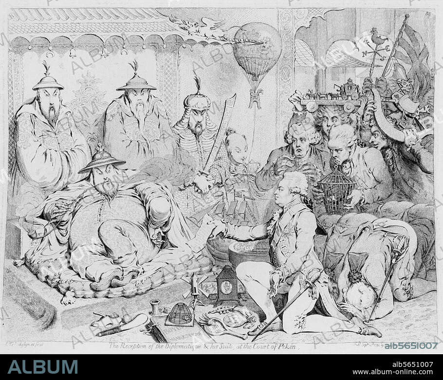 China / Diplomatic mission of Lord Macartney to discuss trade relief with China 1792/93. "The Reception of the Diplomatique & His Suite at the Court of Pekin". (Caricature: Lord Macartney before the emperor Ch'ien-lung). Etching by James Gillray (1757-1815), London, 15.9.1792; 31.7 × 39.8cm.