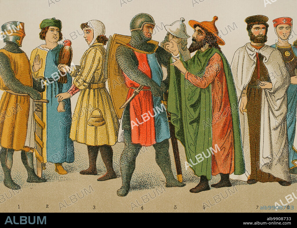 History of Germany. Middle Ages. 1200. From left to right, 1: knight, 2: physician, 3: falconer, 4: knight, 5-6: Jews, 7: Knight of the Teutonic Order, 8: noblewoman. Chromolithography. "Historia Universal", by César Cantú. Volume X, 1881.