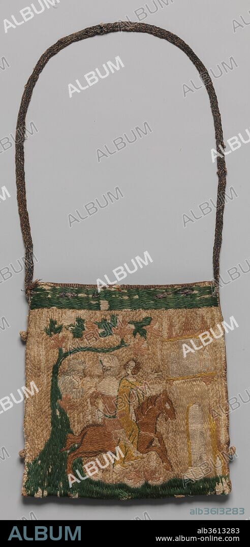 Purse with scenes from the story of Patient Griselda. Culture: French. Dimensions: Overall: 6 x 5 5/8in. (15.2 x 14.3cm). Date: 14th century.
This embroidered scene depicts the popular medieval tale of Griselda, a poor maiden who was tested long and cruelly by her noble husband and thus exemplifies ideal Christian patience. The story appeared in various forms, the best known of which is "The Clerk's Tale" in Chaucer's Canterbury Tales. The needlework may have been made professionally, or by its owner, inasmuch as needlework was considered an essential part of a woman's education.