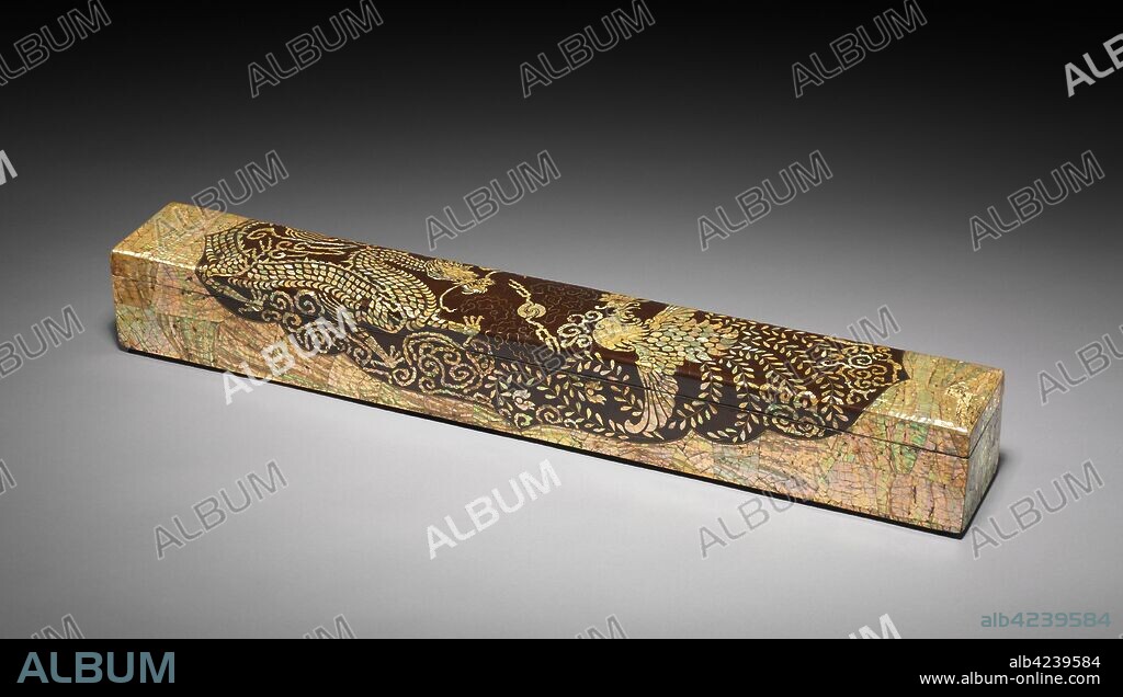 Scroll Box with Dragon and Phoenix Design, 1700s-1800s. Korea, Joseon dynasty (1392-1910). Lacquered wood inlaid with mother-of-pearl and twisted brass and copper wire; overall: 11.5 x 11.6 x 87 cm (4 1/2 x 4 9/16 x 34 1/4 in.).