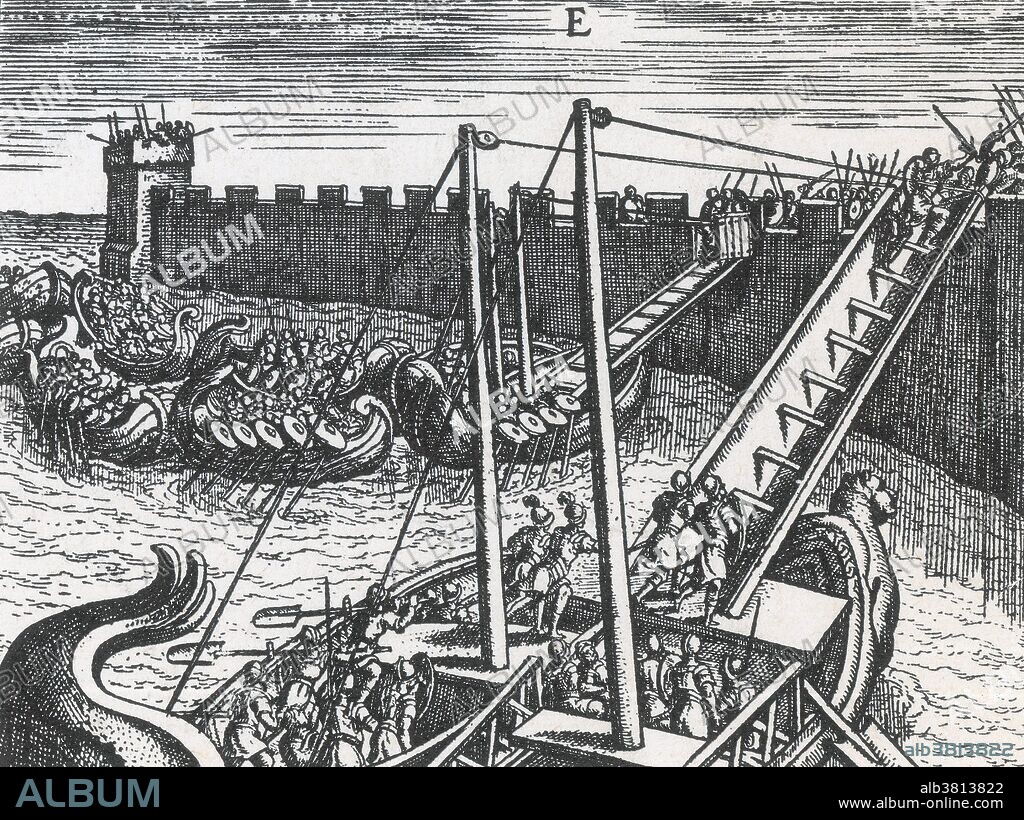 Roman soldiers scaling the walls of a fortress using ladders mounted on boats. Image taken from "Poliorceticon sive de machinis tormentis telis" by Justus Lipsius (Joost Lips), 1602 edition. The Romans designed weaponry that both gave some protection to their men but also were designed to smash into fortifications. Siege towers were used to get troops over an enemy curtain wall. When a siege tower was near a wall, it would drop a gangplank between it and the wall. Troops could then rush onto the walls and into the castle or city. Battering rams had a cover to them made of wood and animal hide. This combination was enough to stop arrows, but was still flammable. The Romans also developed an early form of large attack catapults called onagers. These hurled large stone boulders at a wall to smash it down. The Romans also used catapults to fire iron bolts at the lines of the enemy facing them.