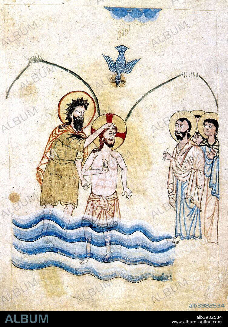 'The Baptism of Jesus by St John the Baptist', c1334. St John and Jesus, with his hand lifted in blessing with three fingers raised, symbolising the Holy Trinity of God the Father whose hand points down from the clouds, God the Holy Spirit represented by the Dove, and God the Son, Jesus. From an  Armenian Evangelistery, a book containing parts of the Christian Gospels which was used during the liturgy.