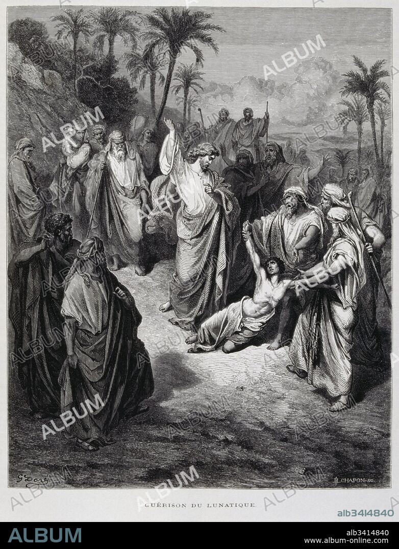 Engraving by Gustave Doré (1832-1883); Jesus Heals a Demon-Possessed Boy (lunatic) Mark 9:14-29.