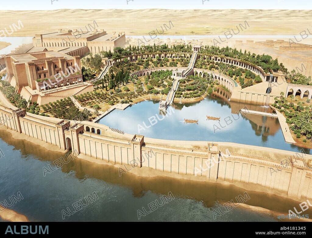 Ninive, capital of the kingdom of Assyria in the 8th century BCE. Ideal reconstruction of the famous "hanging gardens" that have almost always been attributed to the city of Babylon and which the most recent studies in this regard attribute to the city of Ninive instead of to Babylon.