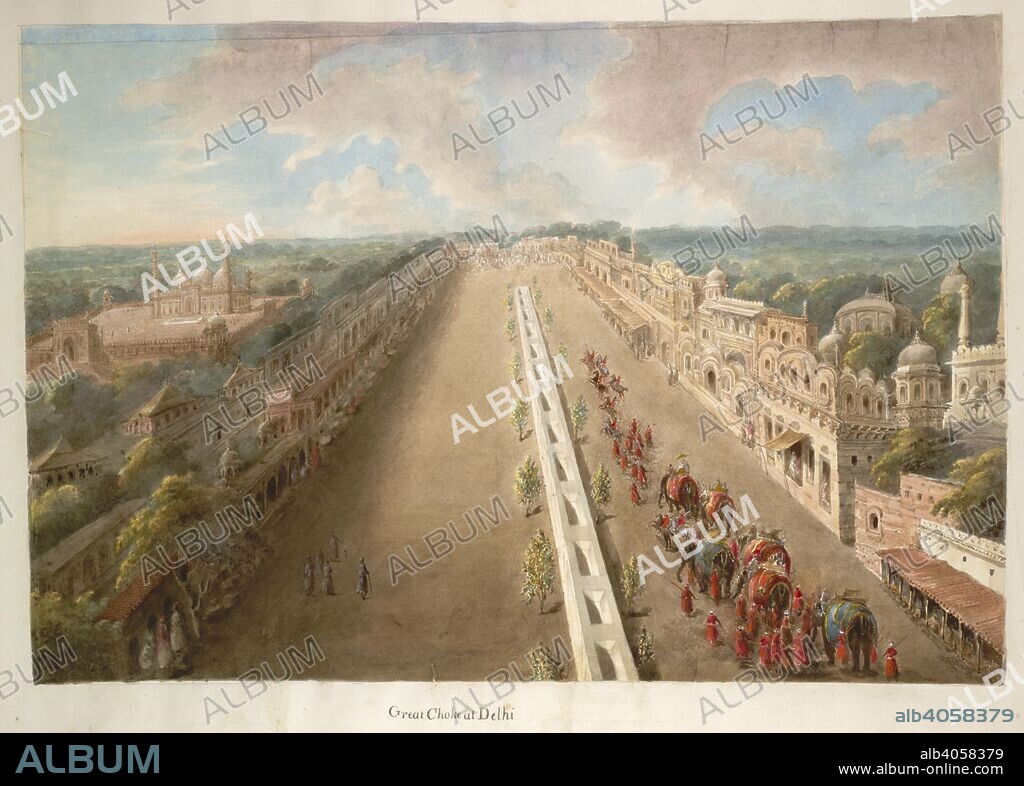 SITA RAM. The Chandni Chowk from the top of the Lahore Gate of the Fort, the canal depicted running down the middle, with the Jamiâ€˜ Masjid immediately (and wrongly) adjacent to the south, and with Lady Loudounâ€™s procession of elephants heading along the street. Inscribed below: â€˜Great Choke at Delhiâ€™. Hastings Albums. 1815. Watercolour. Source: Add.Or.4827. Language: English.