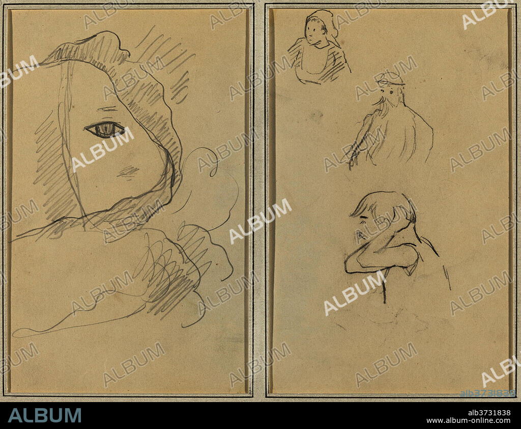 PAUL GAUGUIN. Eye and Part of Face; A Breton Woman and Two Men [recto]. Dated: 1884-1888. Dimensions: overall: 16.9 x 22.7 cm (6 5/8 x 8 15/16 in.). Medium: graphite and crayon on wove paper.