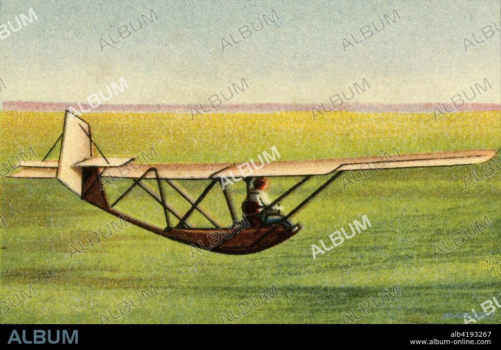 Pupil in 'Zögling' training glider at the Rhön-Rossitten Society gliding school, Germany, 1932. Glider with speed of 45-50 kilometres per hour. From "Die Eroberung Der Luft", (The Conquest of the Air), cigarette card album produced by the Garbáty cigarette factory, 1932. Eugene and Moritz Garbáty, who were Jewish, were driven out of business by the Nazis in the late 1930s, and forced to sell their factory which lay empty for over 70 years. [Garbaty Cigarettenfabrik, Berlin-Pankow, 1932].