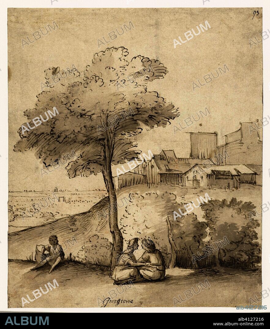 Italian landscape with some figures under a tree. Draughtsman: anonymous. After Giorgione. Dating: 1600 - 1699. Measurements: h 236 mm × w 200 mm.