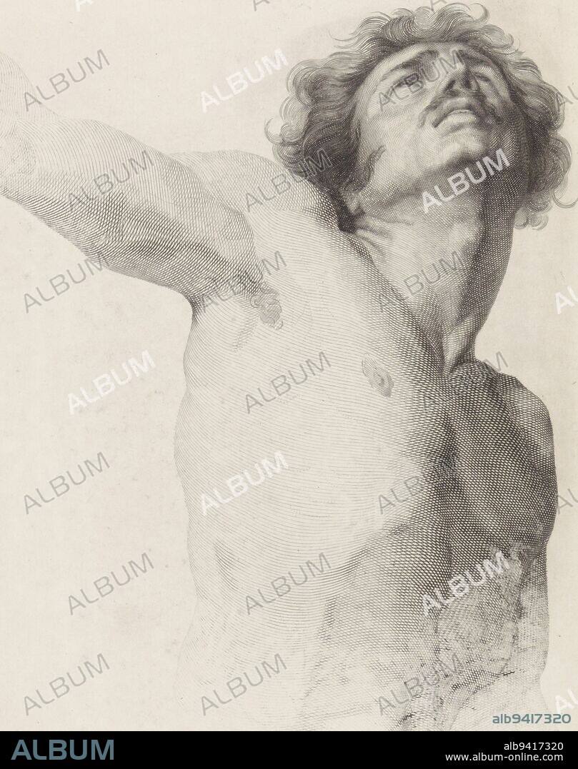 Study of the nude upper body of a male figure, Johannes van der Kellen,  1864, Study of the nude upper body of a male figure, with his right arm and  face facing