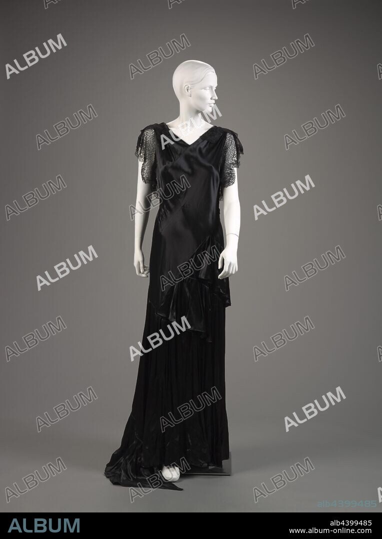 evening dress 1930s 1940s silk satin lace metal shoulders to