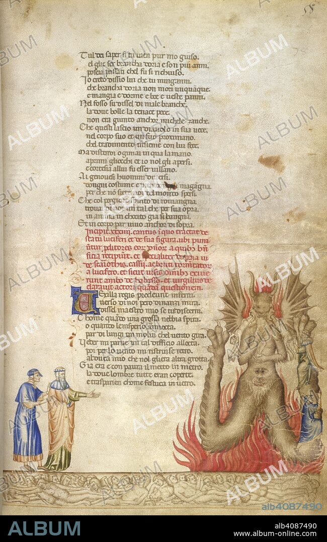 DANTE ALIGHIERI. Lower part of folio- Inferno, Canto XXXIV. Dante and Virgil encounter Lucifer; the Traitors; Dante and Virgil climbing on Lucifer's legs. Divine Comedy. Italy [Naples]; circa 1370. Source: Add. 19587, f.58. Language: Italian.