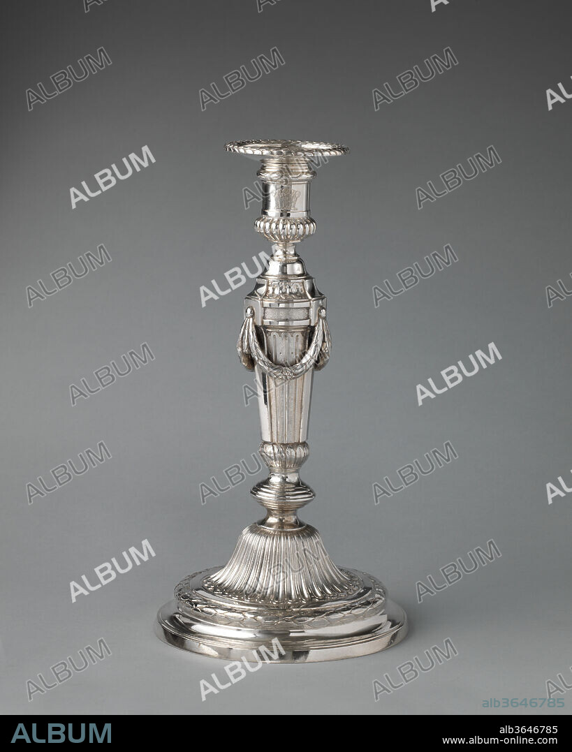 Candlestick (one of a set of eight). Culture: British, London. Dimensions: Overall (confirmed): 11 7/16 x 6 1/8 x 6 1/8 in., 36.438oz. (29.1 x 15.6 x 15.6 cm, 1033g). Maker: Andrew Fogelberg (British, active by 1767-d. before 1815). Date: 1774/75.