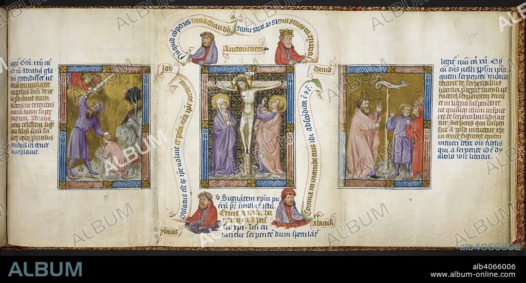 The Binding of Isaac; the Crucifixion; Moses lifting up the bronze Serpent. . Biblia Pauperum. c 1395-1400. A picture Bible including a series of images of the life of Christ with Old Testament prefigurations, with three miniatures on every recto. Each miniature of the Christological cycle is accompanied by bust-length portraits of apostles and prophets holding scrolls and corresponds to typological miniatures. Source: Kings 5 f.17. Language: Latin.