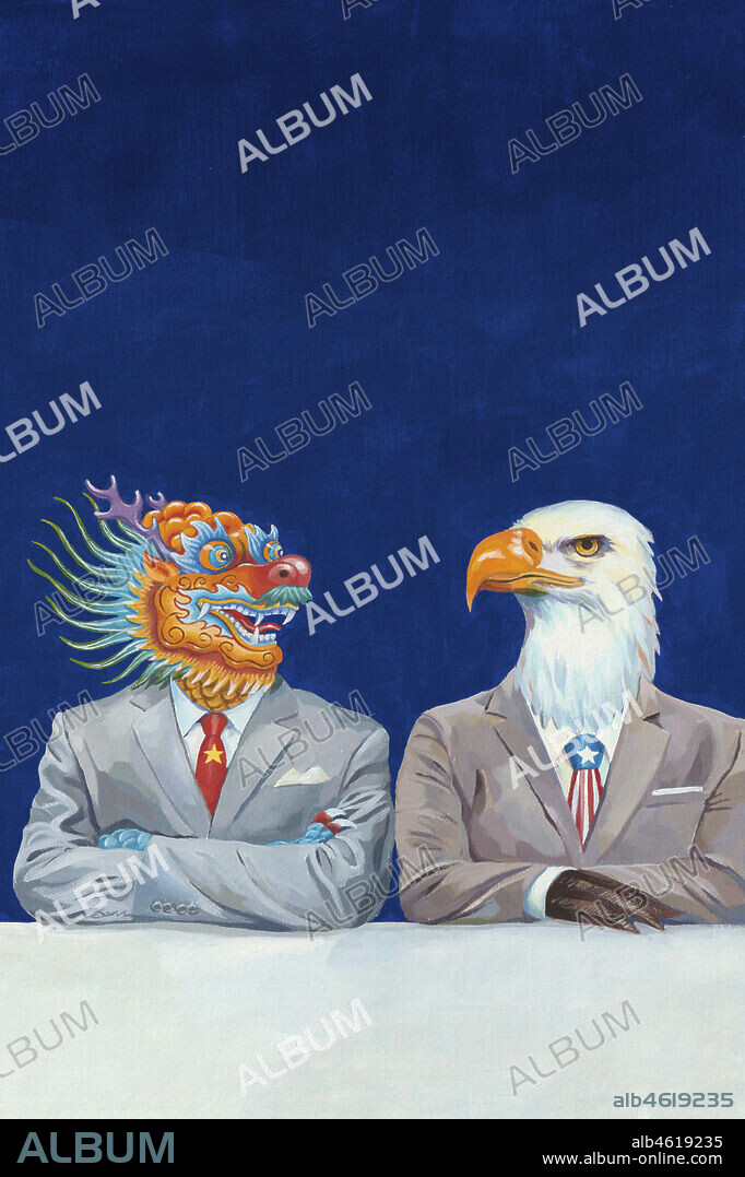 Chinese dragon and American Bald Eagle businessmen sitting side by side.