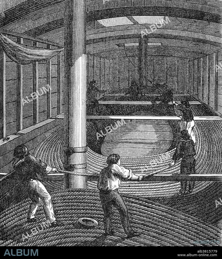 Stowing telegraph cable in the ship's hold. In 1850 telegraphic engineer John Watkins Brett and his brother Jacob Brett laid the first telegraph cable between England and France. After a French fisherman cut the cable, thinking it was a new kind of seaweed, in September 1851 the brothers installed an armoured cable that lasted for many years. Their Submarine Telegraph Company between France and England became operational from London though Dover and Calais to Paris on November 13, 1851. Messages were transmitted through the submarine cable from Calais to Dover, the narrowist point in the English Channel, from which they were passed to the South Eastern Railway for telegraphing to its London Bridge Station, and then by messenger to the telegraph company's office.