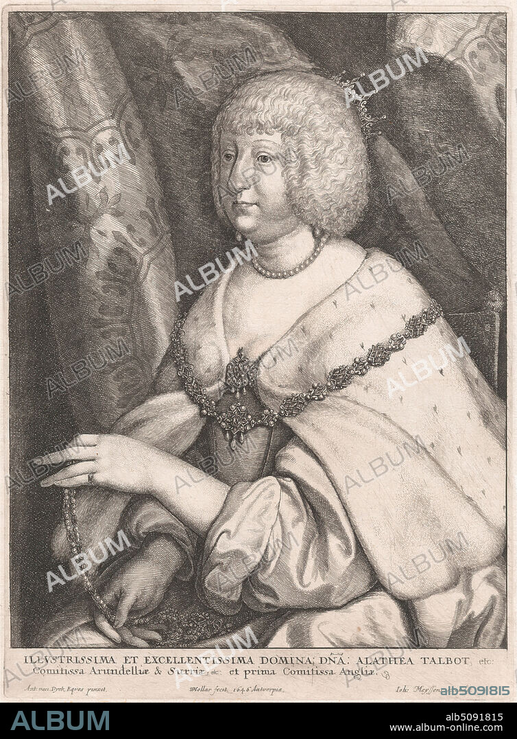 Illustrissima et Excellentissima Domina; Dna: Alathea Talbot, etc. Comitissa Arundelliæ & Surriæ, etc. et prima Comitissa Angliæ., Wenceslaus Hollar, 16071677, Bohemian, after Sir Anthony Van Dyck, 15991641, Flemish, active in Britain (162021; 163234; 163541), 1646, Stipple engraving, etching and line engraving on moderately thick, moderately textured, browned white, laid ppaer, Sheet: 15 1/4 × 9 11/16 inches (38.7 × 24.6 cm), Plate: 10 9/16 × 7 13/16 inches (26.8 × 19.8 cm), and Image: 9 11/16 × 7 5/8 inches (24.6 × 19.4 cm).