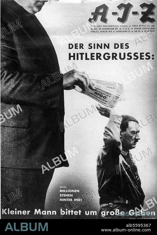 Hitler, Adolf; Politiker (NSDAP), 1889-1945. "Der Sinn des Hitlergrusses: Millionen stehen hinter mir!". Fotomontage von John Heartfield. (1891-1968). Aus: AIZ (Neuer Deutscher Verlag, Berlin), 11. Jg., Nr. 42, 16. Oktober 1932.