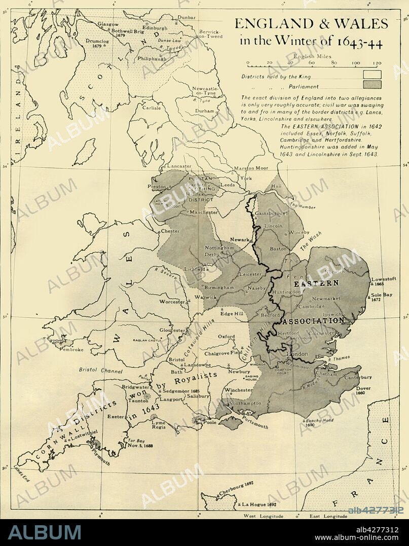 'England & Wales in the Winter of 1643-44', 1926. Map showing England and Wales during the Civil War period. The key shows districts held by the king (Charles I), and by parliament. 'The exact division of England into two allegiances is only very roughly accurate; civil war was swaying to and fro in many of the border districts eg Lancashire, Yorkshire, Lincolnshire and elsewhere. The Eastern Association in 1642 included Essex, Norfolk, Suffolk, Cambridge and Hertfordshire. Huntingdonshire was added in May 1643 and Lincolnshire in September 1643.' From "History of England", by George Macaulay Trevelyan. [Longmans, Green and Co. Ltd, London, 1926].