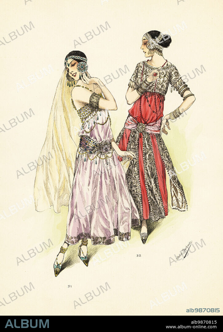 Women in fancy-dress costumes of Arabian harem dancers. Bayadere in lilac satin robe richly embroidered with pearls and crystals trimmed with gold embroidery, velvet belt adorned with precious stones, long veil 31. Bayadere in cardinal red silk robe, with silver fabric, trimmed with rhinestones, pearls and crystals, belt in old-rose-pink satin 32. Handcoloured pochoir lithograph from Le Carnival Parisien, Volume 10, a special edition of Chic Parisien, published by Atelier Bachwitz, Vienna, 1920.