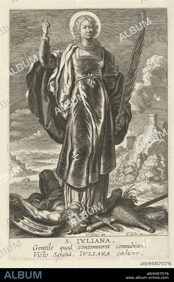 Saint Juliana of Nicomedy. She tramples a devil under her feet. In her hand a palm branch. The print has a Latin caption and is part of a series on female saints, Saint Juliana S. Jvliana Female saints (series title) Speculum Illustratum Virginum (series title), print maker: Theodoor Galle, David Teniers, (mentioned on object), publisher: Theodoor Galle, (mentioned on object), Antwerp, 1581 - 1633, paper, engraving, h 153 mm × w 98 mm.