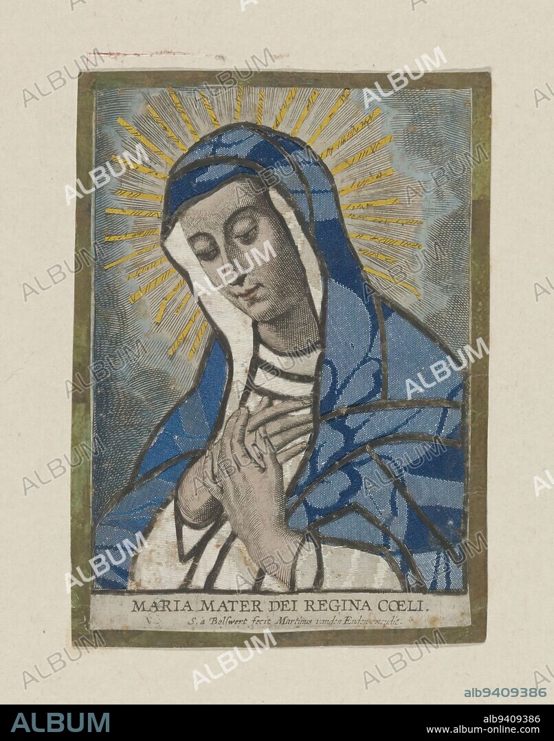Application print with Mary, Maria Mater Dei Regina Coeli (title on object), Devotional print with Mary as Queen of Heaven, in the half body. Large sections of the print have been cut away and replaced with blue and white textiles. The halo around the head of the Madonna is covered with gold paper. A so-called application print. Printed on, or doubled with paper from a Latin songbook with musical notes and text, printed in red and black., print maker: Schelte Adamsz. Bolswert, (mentioned on object), after design by: Peter Paul Rubens, publisher: Martinus van den Enden, (mentioned on object), print maker: Southern Netherlands, publisher: Antwerp, 1630 - 1700, paper, engraving, height 136 mm × width 99 mm.