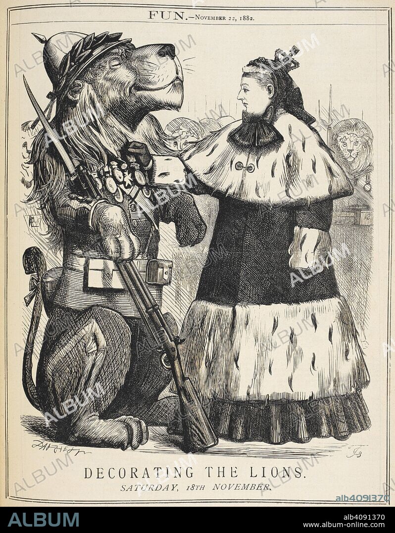 Decorating the lions. Cartoon showing a lion, representing the British soldier, being awarded a medal by Queen Victoria. . London, 22nd November, 1882. Source: P.P.5273.c, volume XLIII, page 217.