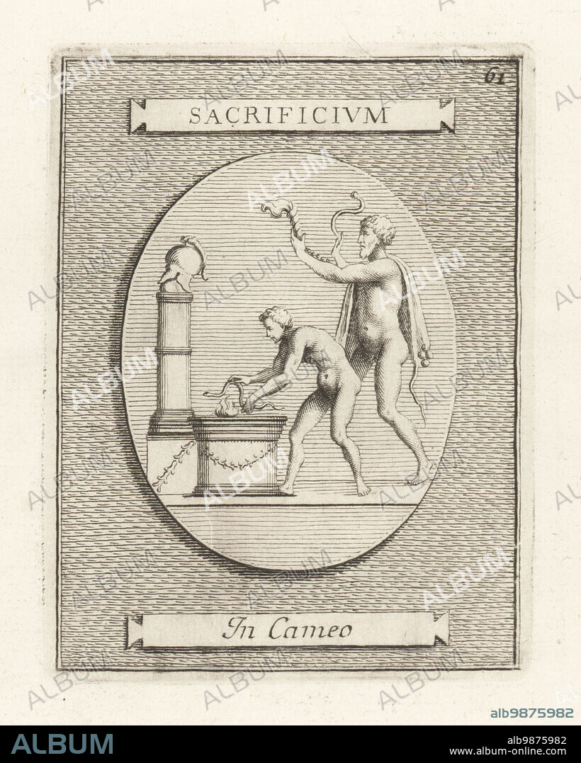 Two naked priests making a sacrifice to Mars, the Roman god of war. Emperor  Marcus Aurelius Antoninus in a lionskin holds a torch, his son Commodus  passes a snake through - Album