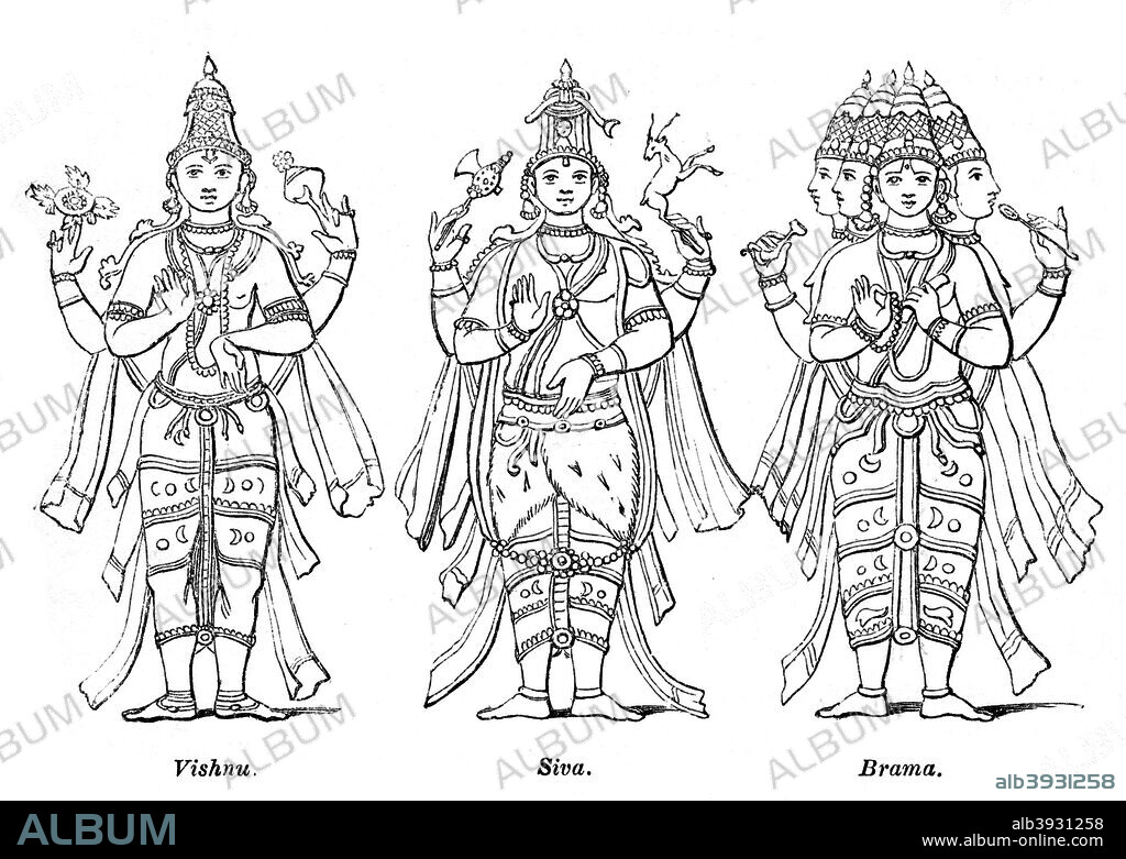 Vishnu, Shiva, and Brahma, 1847. Hindu deities. Illustration from The History of China and India, by Miss Corner, (Dean and Co, London, 1847).