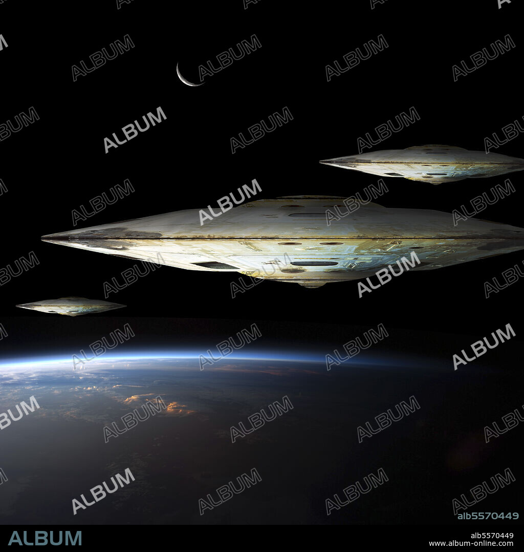 A fleet of massive spaceships known as motherships take position over Earth for a coming invasion at sunrise while the crescent moon shines in the backround.